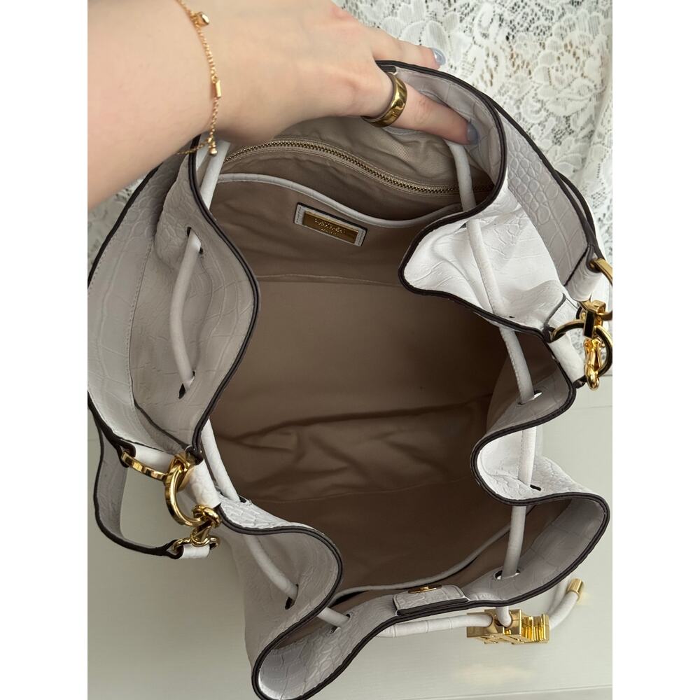 Lauren Ralph Lauren Andie Croc Embossed Drawstring Bucket Bag White Gray - Picture 9 of 12